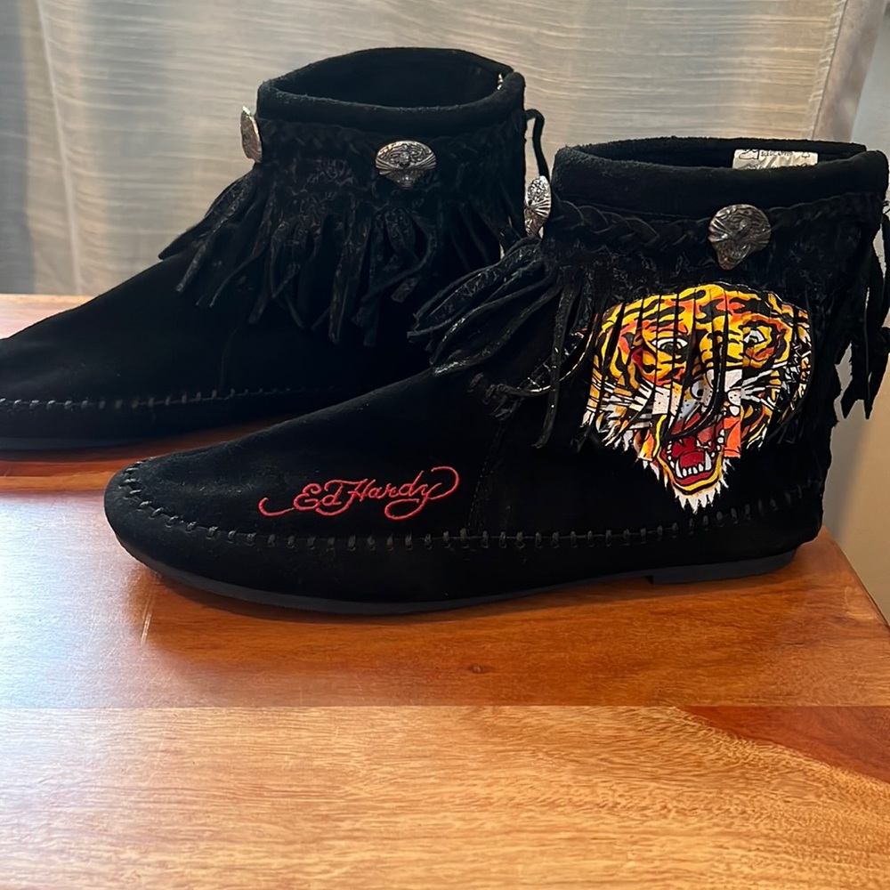 Ed Hardy suede fringe moccasins